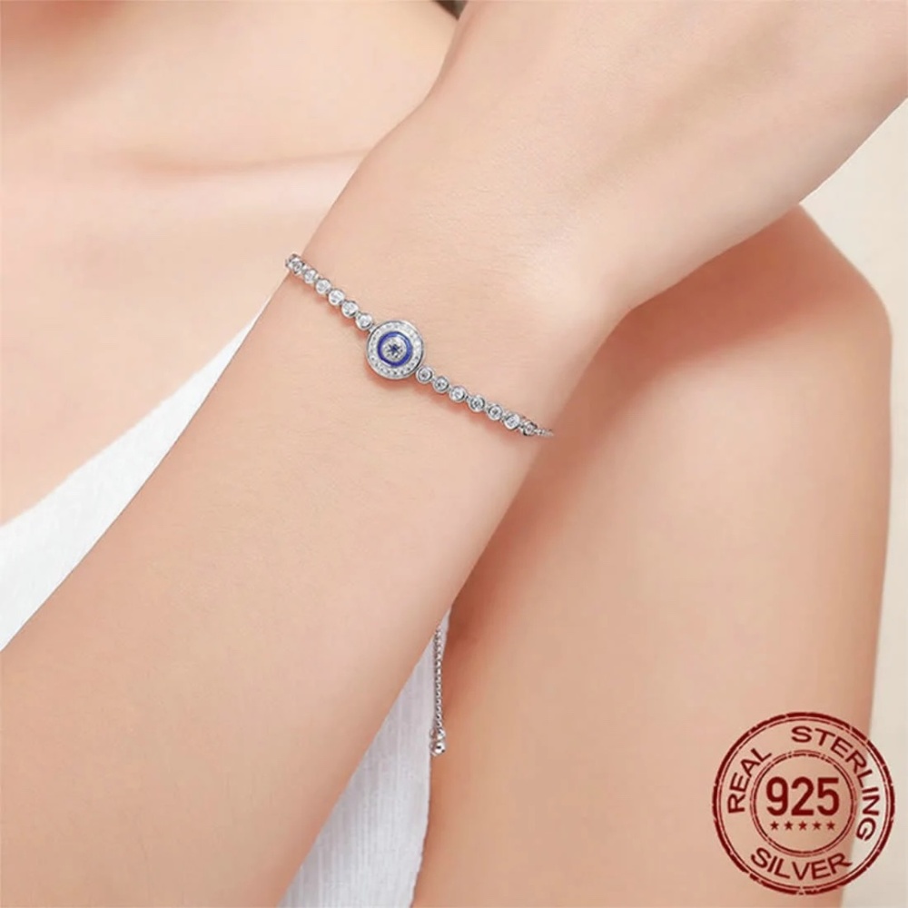 Evil Eye 925 Sterling Silver Bracelet Flat Round box chain  micro pave cubic zir